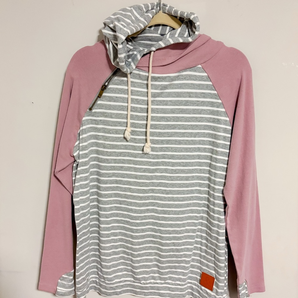Ampersand Avenue DoubleHood Sweatshirt Grey White Stripe Pink Mauve XXL